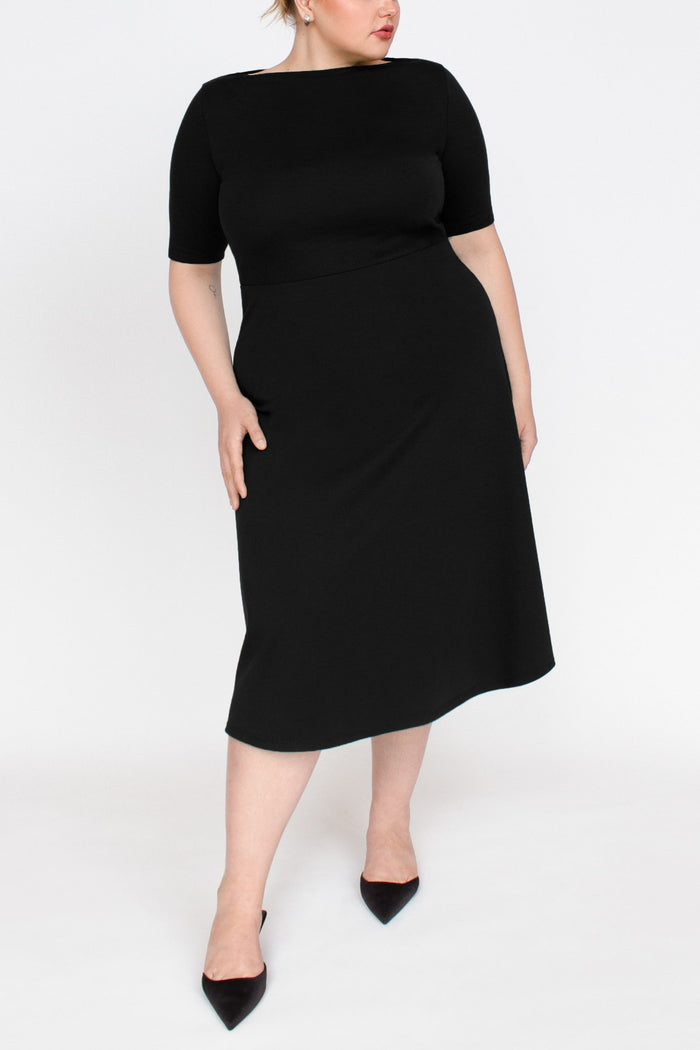 Half Sleeve BCI Cotton Boatneck Mid-calf Flared Dress -- Black