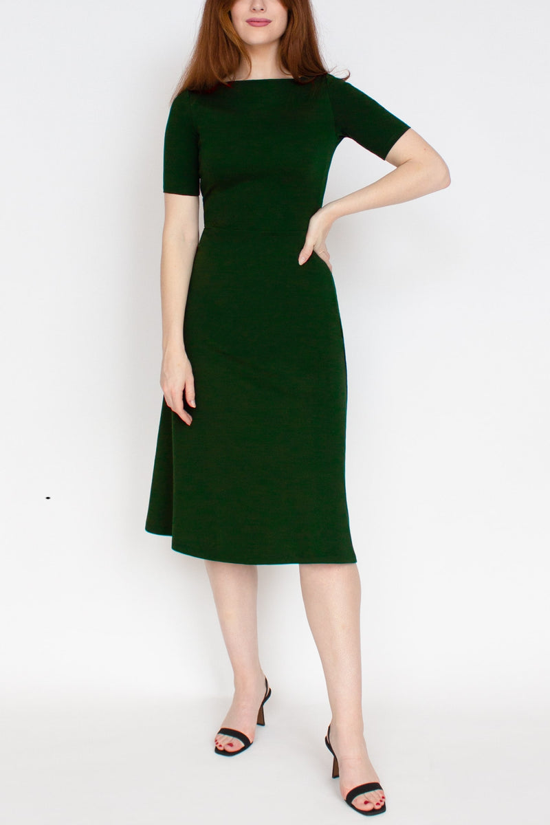 Half Sleeve BCI Cotton Boatneck Mid-calf Flared Dress -- Forest Green