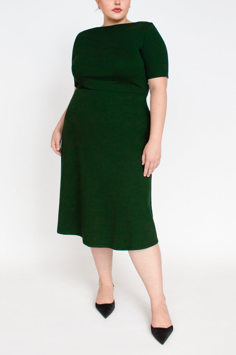 Half Sleeve BCI Cotton Boatneck Mid-calf Flared Dress -- Forest Green