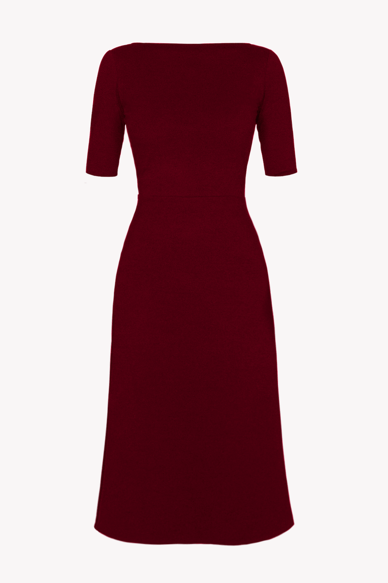 Half Sleeve BCI Cotton Boatneck Mid-calf Flared Dress -- Wine Red