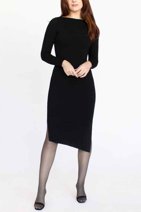Black Merino Wool Midi Bodycon Dress -- Long Sleeved