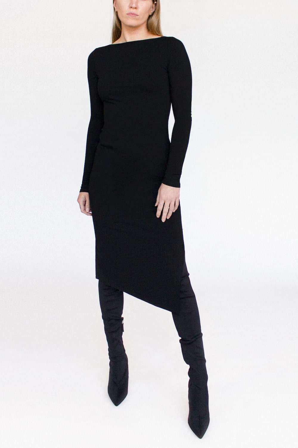 Black Merino Wool Midi Bodycon Dress -- Long Sleeved