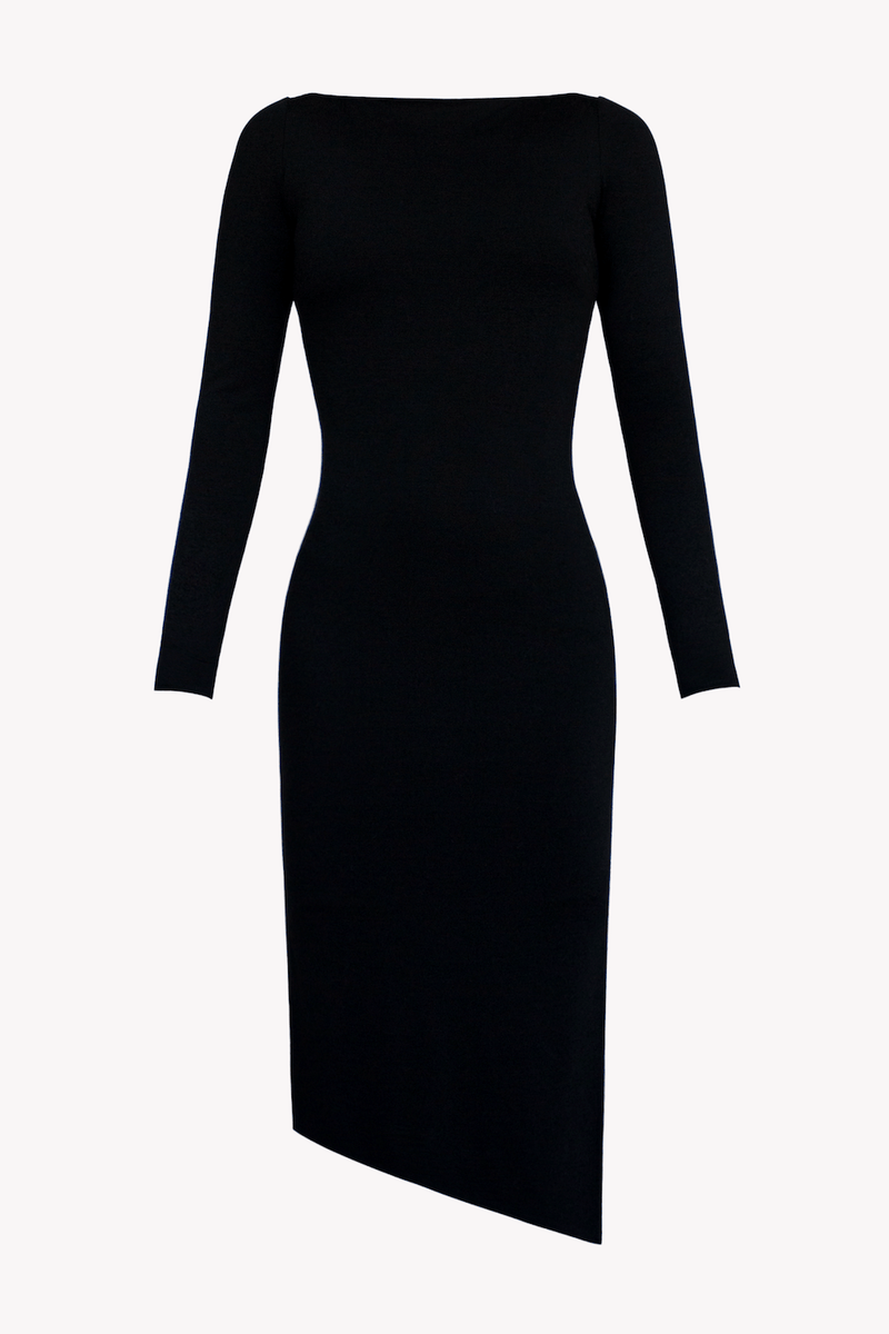 Merino Wool Long Sleeved Midi Bodycon Dress -- Black
