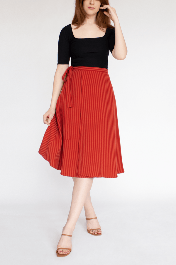 Striped TENCEL™ Lyocell Wrap Skirt With Pockets -- Red
