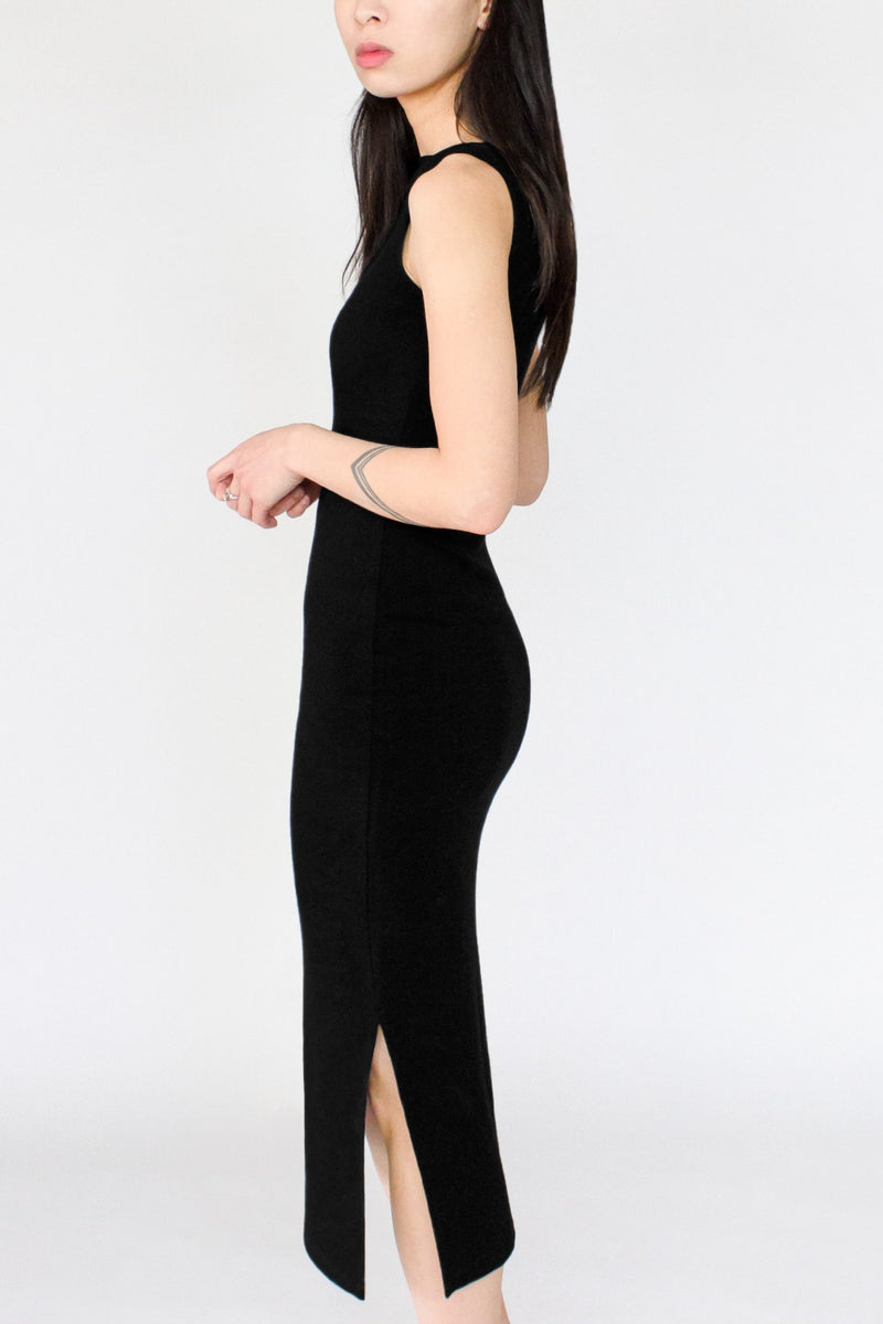 Black Merino Wool Midi Bodycon Dress -- Sleeveless