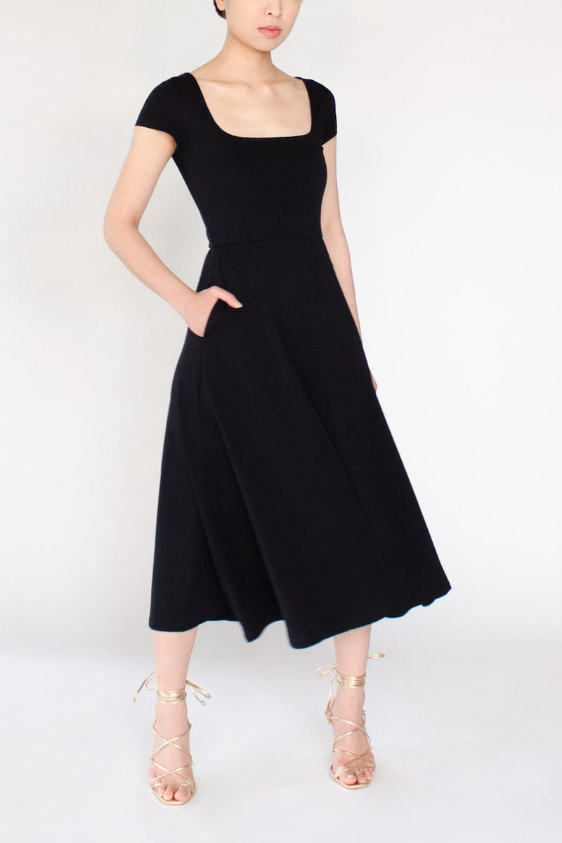 BCI Cotton Square Neck A-Line Mid-Calf Dress -- Black