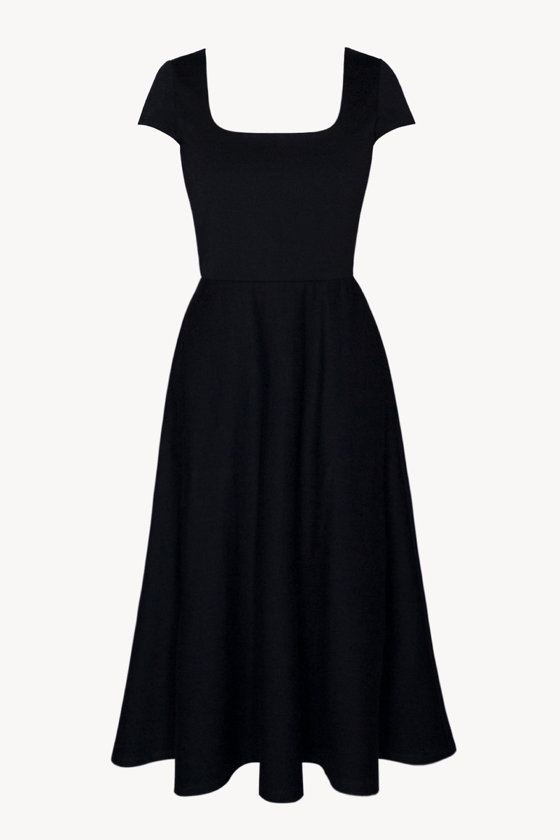 Black BCI Cotton Square Neck A-Line Mid-Calf Dress