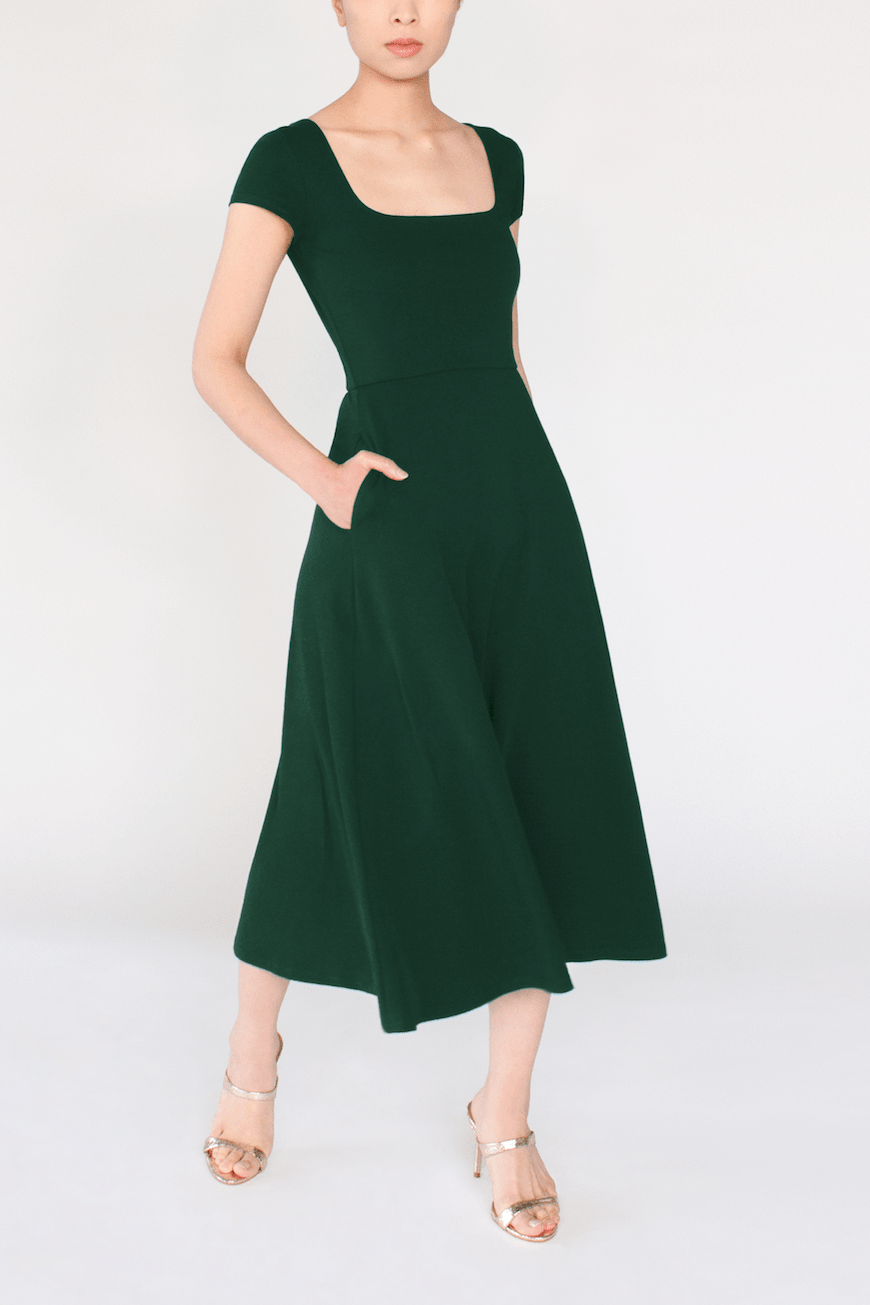 BCI Cotton Square Neck A-Line Mid-Calf Dress -- Dark Green