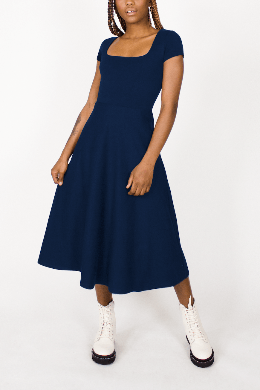 BCI Cotton Square Neck A-Line Mid-Calf Dress -- Navy Blue