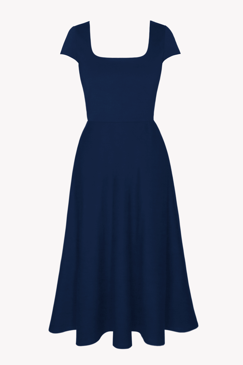 BCI Cotton Square Neck A-Line Mid-Calf Dress -- Navy Blue