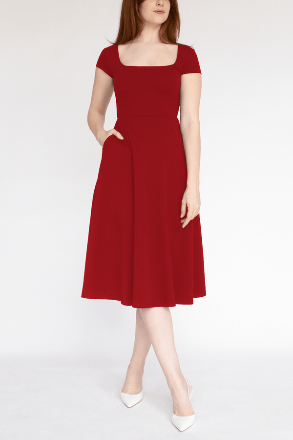 BCI Cotton Square Neck A-Line Mid-Calf Dress -- Red