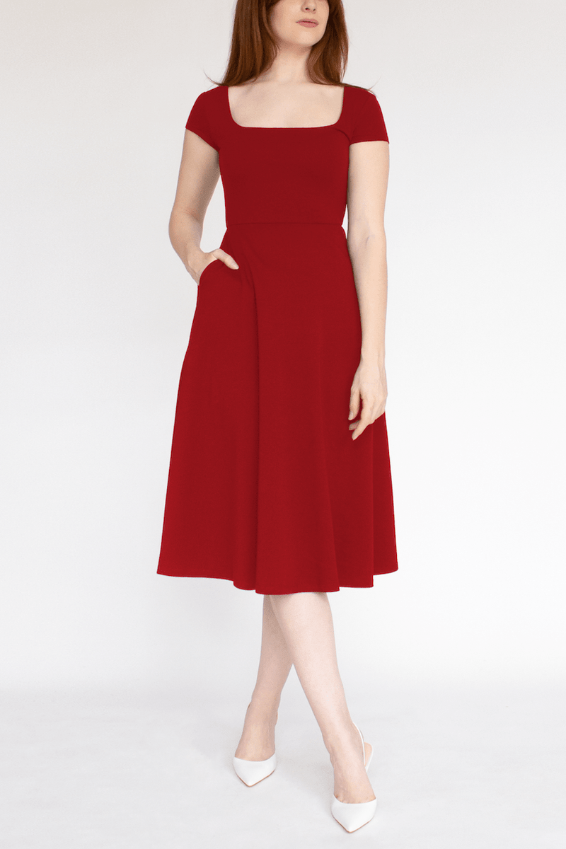 BCI Cotton Square Neck A-Line Mid-Calf Dress -- Red
